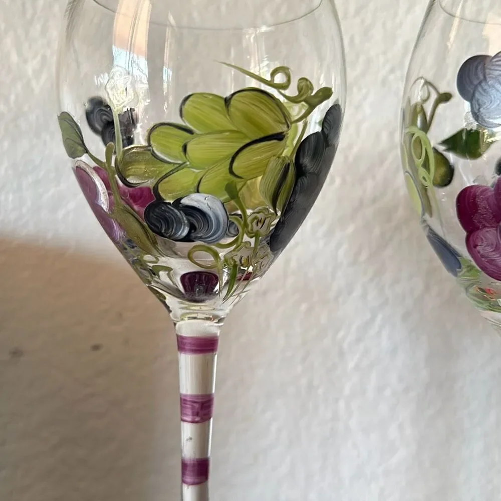 Set of two Wine Glasses hand painted grapes cocktail